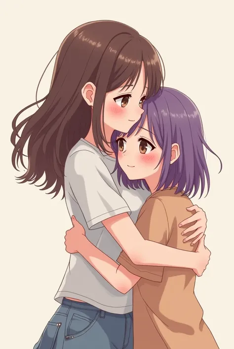 Draw a  teen with brown hair and brown eyes.She is hugging a junior.That juniors hair color is purple and his eyes color are brown..That junior is 17 and the teen is 14.They are both crying in pain hugging each other.But draw this in a cute style please.Ju...