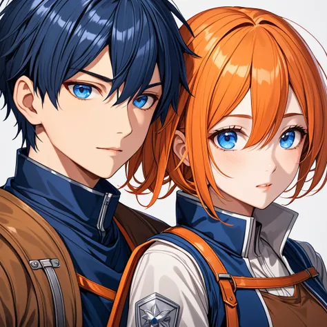 Boy and Girl, like of Attack on Titan characters, Orange Hairs , Dark blue clothes take care of eyes details .