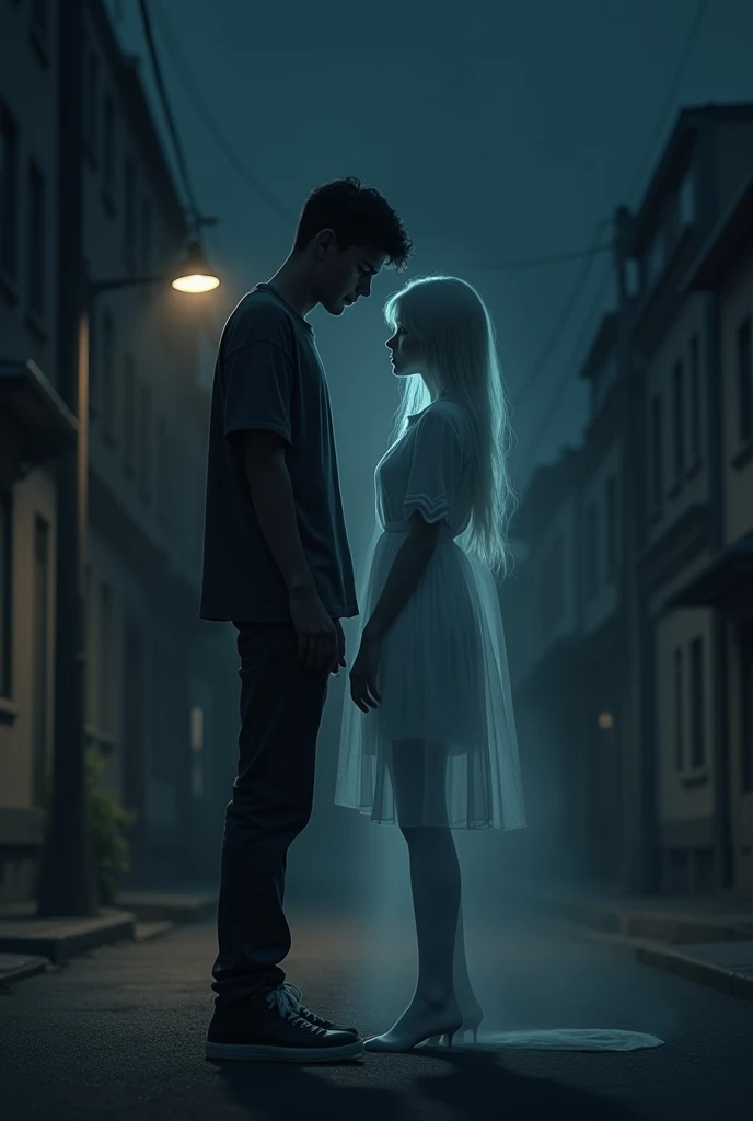 A young man standing alone in a dark, empty street at night, looking down with a heartbroken expression. Next to him is a faint, ghost-like figure of a girl, representing memories. The girl is semi-transparent, fading away into the darkness, while the guy ...