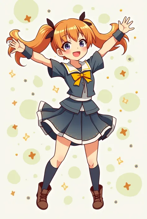 Cute illustration。Powerful poses。Uplifting。Show the whole body。Wearing a uniform。Twin tails。Bird&#39;s-eye view pose