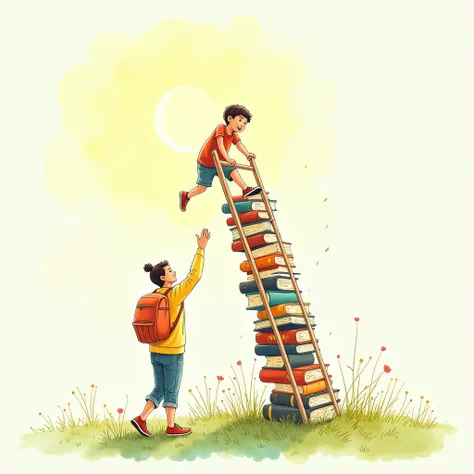 Hand-drawn illustration of a child climbing a ladder made of books reaching up in the sky. The parent is at the bottom, offering support. The scene is set against a bright, sunny sky, symbolizing progress and growth