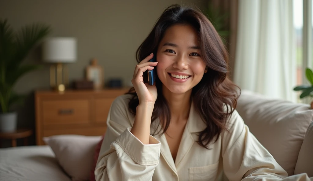 original photo. The face of a beautiful young Indonesian woman. wearing pajamas with a happy smiling expression making a call using a cellphone. in womens design room Ultra-realistic 8K photo, taken with Leica Q2, strong color contrast and sharp clarity --...