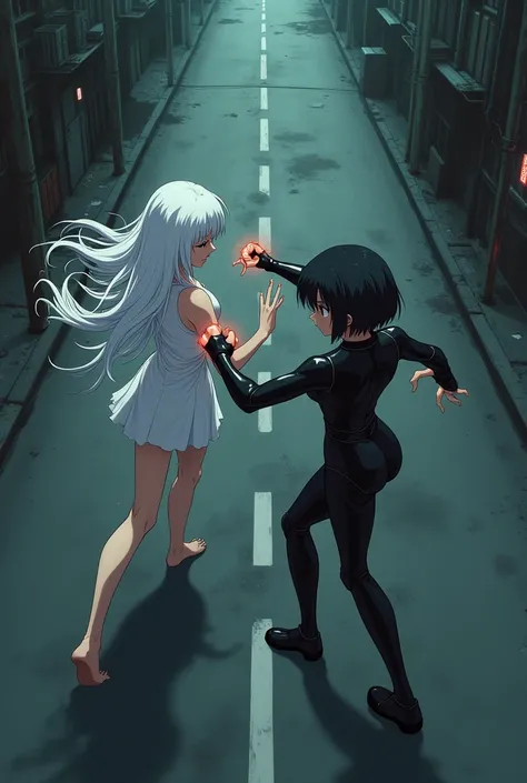 The image is anime style Darker than black with shadows and dim lights, anime style although somewhat adult and dark, It shows a scene of the roads of a city. In the picture they are fighting an albino with long white hair, who wears a short white dress an...