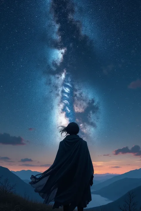 High Resolution Universe、Milky Way、On the Cliff、Traveler gazing at the night sky、Clothes fluttering in the wind、Sea of stars、Black silhouette from directly behind、Twilight Traveler,Outfit of a traveler from another world,Close-up of a person, realistc