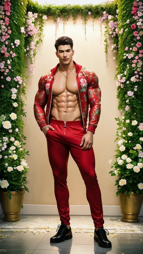 (absurdres, highres, ultra detailed, Ultra HD), ((tall handsome muscular man with a strong physique, solo, male model modern clothing, Full length portrait: 1.5, wearing a flowers patterned zip-up jumpsuit that is unzipped revealing his chest and abs, bulg...