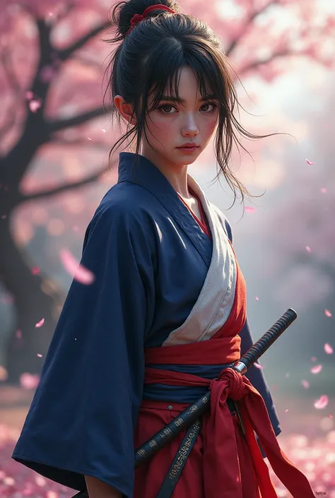 Hakama that evokes the image of the French flag、Holding a sword、After the battle、Very sensitive skin、I have a few freckles、SakuraFubuki、Also々Shii、masterpiece、high resolution、Like a single-lens reflex camera