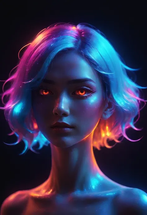 Vaporwave, 2d anime art illustratuon, moxin, ink splatters and bold brush lines, dark silhouette of a woman in a pitch black void, orange rim lighting gradually changing into red room lighting, eyes glowing with cold blue light, rising smoke, fever dream, ...