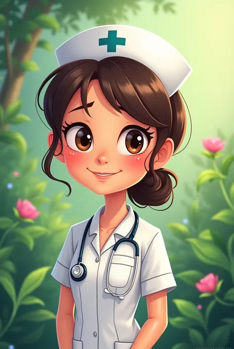 cute nurse,animated cartoon , profile pic , greenery background 