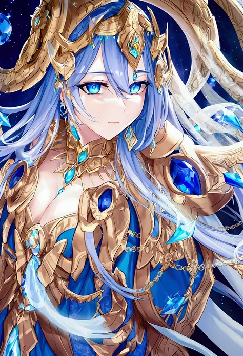 Fantasy portrait of an ethereal beauty with striking blue eyes. Ornate golden headdress adorned with blue gemstones and intricate swirling designs. Flowing white robes with delicate gold and blue accents. Pale, flawless skin and dark hair. Regal pose with ...