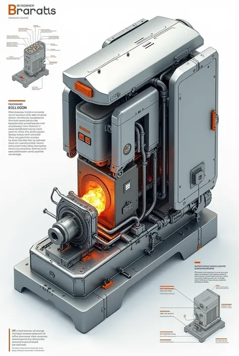 Machine that transforms the thermal and chemical energy of a contained explosion into electrical energy and stores it. do it in the form of a presentation, that the machine looks complete and as if it were in an instruction manual 