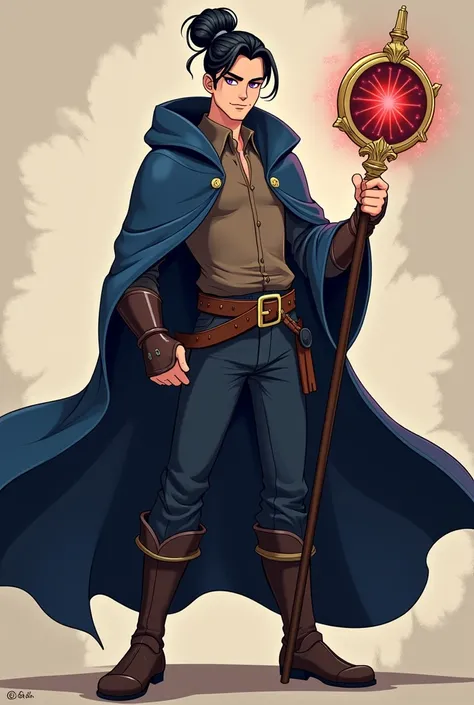 Create a male wizard in the style of Vox Machina from Critical Role. He should have dark purple eyes and black hair styled in a coque (bun). He is dressed in a dark blue cloak and a brown shirt. His weapon is a luxurious but understated magic staff. Use bo...