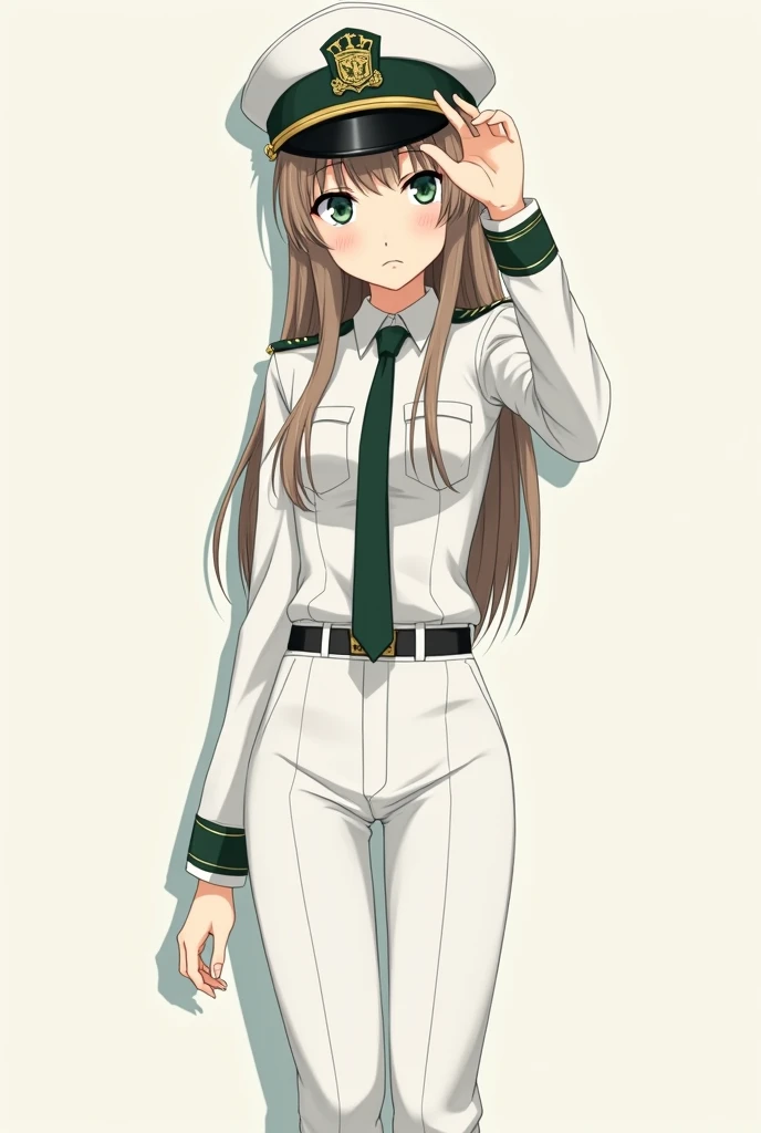 anime-like, perfect quality, good anatomy, woman, medium height, slim, fair skin, long light-brown hair, without cosmetics, deep dark green eyes, serious gaze, white captain hat, white uniform, long-sleeved white shirt, white pants, deep dark green shoes, ...