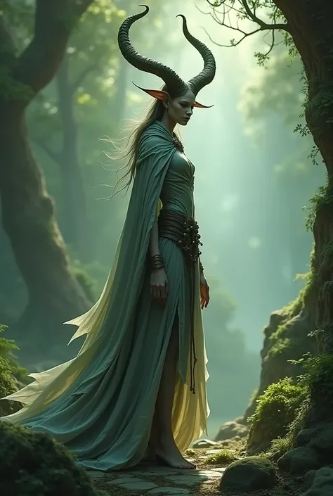 Skinny druid with a cloak and horns