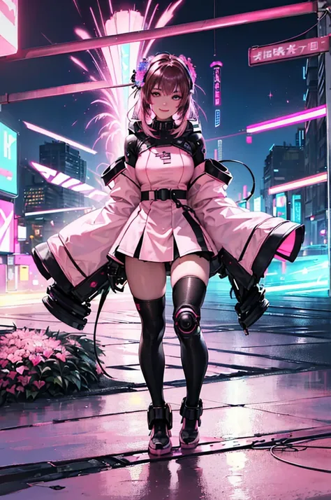 1female, (A handsome woman:1.4), (A confident smile:1.2), (brunette color hair), (Top image quality), (8K picture quality), (cyber punk perssonage) (masterpiece), (Wear a military uniform with a shiny cyberpunk hood), (A confident smile:1.2), (Full body ph...