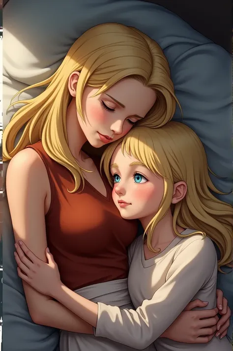 Create a picture of Azula from Avatar lying in the arms of a blonde girl of the same age. The girl&#39;s left eye is blue and the right eye is brown. 