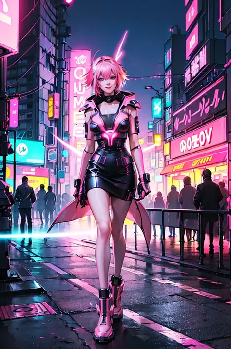 1female, (A handsome woman:1.4), (A confident smile:1.2), (brunette color hair), (Top image quality), (8K picture quality), (cyber punk perssonage) (masterpiece), (Wear a military uniform with a shiny cyberpunk hood), (A confident smile:1.2), (Full body ph...