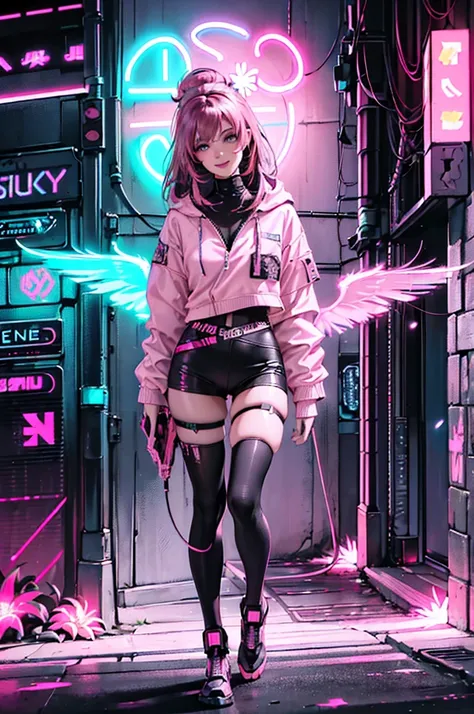 1female, (A handsome woman:1.4), (A confident smile:1.2), (brunette color hair), (Top image quality), (8K picture quality), (cyber punk perssonage) (masterpiece), (Wear a military uniform with a shiny cyberpunk hood), (A confident smile:1.2), (Full body ph...