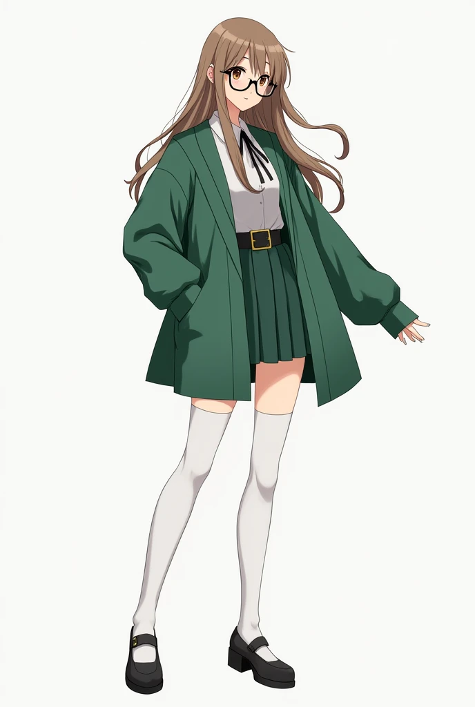 A girl wearing a green open jacket and a miniskirt while wearing white thighhighs, long hair and wearing thin glasses
Solo fullbody shot