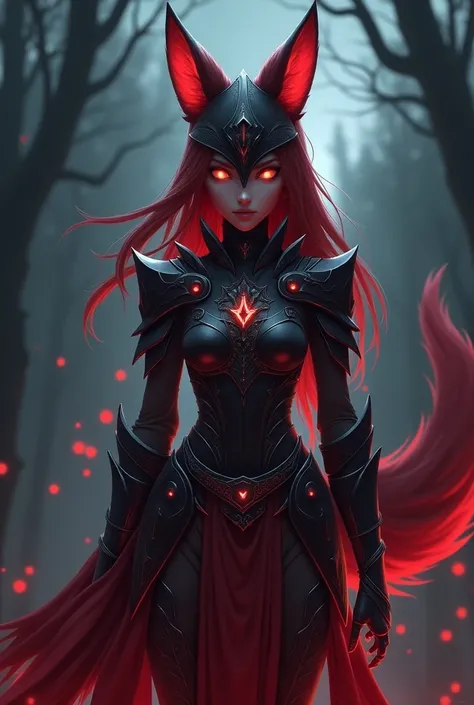 Fox girl beautiful warrior red ears fox tail helmet night demon glowing eyes