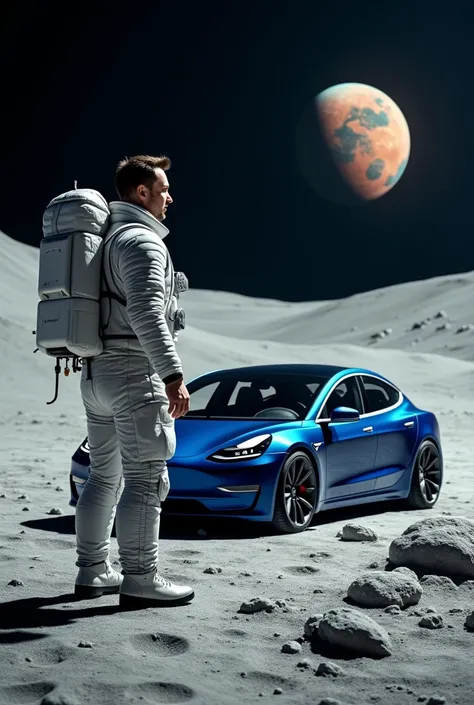 Elon Musk is standing on the moon in a blue Tesla model s3 looking at Mars