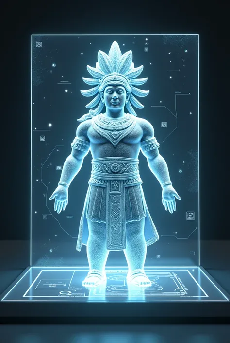 Statue of the Mayan God of Corn, Hun Hunahpu, like an AI on a computer screen 
