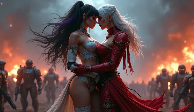 Full body pose sexy sisters of battle from the warhammer 40k, kissing and hugging, red space marine armor with intricate details, white space marine armor with intricate details, symbols on the armor, sisters of battle, warhammer 40k, Massive exposed silic...