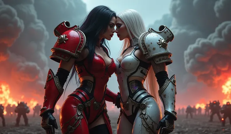 Full body pose sexy sisters of battle from the warhammer 40k, kissing and hugging, red space marine armor with intricate details, white space marine armor with intricate details, symbols on the armor, sisters of battle, warhammer 40k, Massive exposed silic...