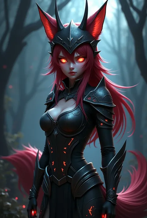 Fox girl beautiful warrior red ears fox tail helmet night demon glowing eyes