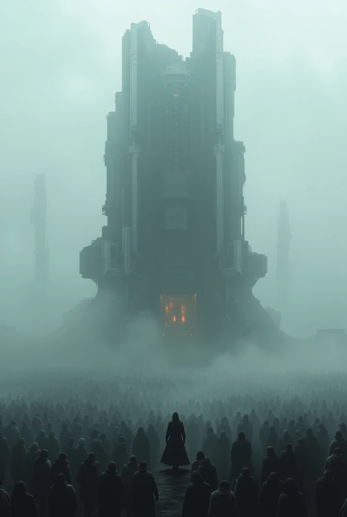 a sci-fi uneven building is in the center of a huge crowd, atmosphere is foggy and dark, the camera is above the building, it must be realistic