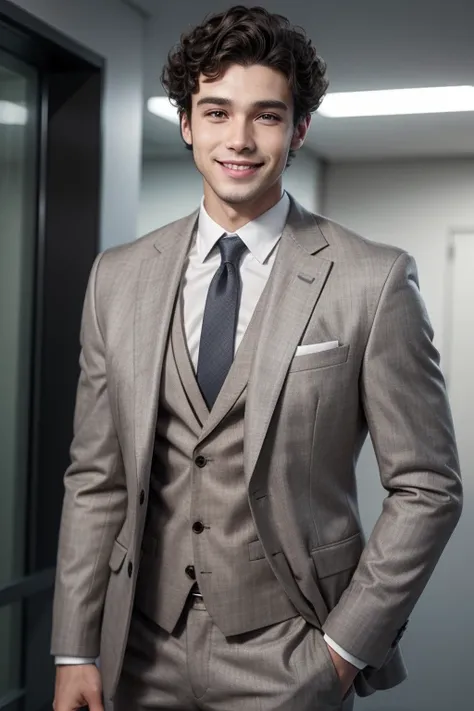 man of average height, athletic body, skin fair, short dark brown curly hair, smiling and wearing a light gray suit