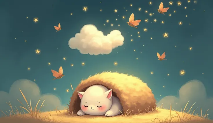 At night, Mini is curled up, sleeping peacefully inside the burrow. Above her, a dream cloud shows her flying happily among the stars, with a smile on her face, soaring alongside birds and butterflies.