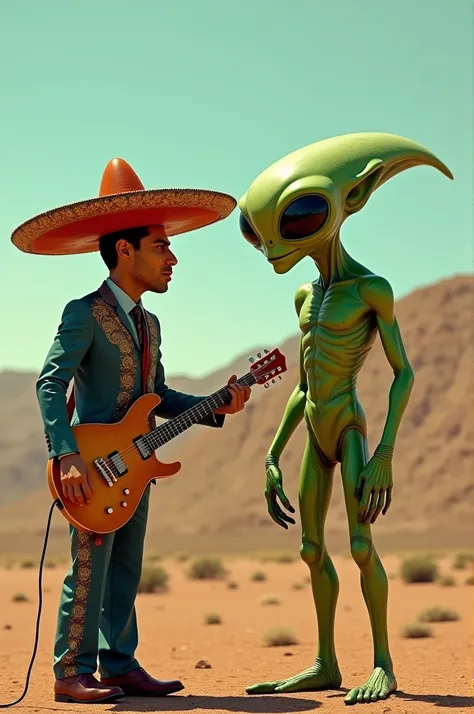 Imagine a weird looking alien, with bright green skin and large black eyes. It is in a desert setting, with a charro hat and a guitar nearby, while taking Ariel Camacho, who wears his typical band clothes. It&#39;s a surreal and somewhat comical scene., Co...