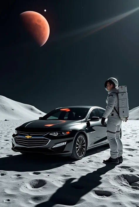 Elon Musk is standing on the moon in a black Chevrolet Malibu looking at Mars