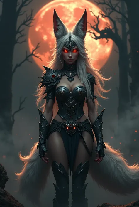 Fox girl beautiful warrior red ears fox tail helmet darkness demon glowing eyes