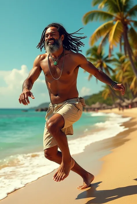 Make a picture of a 50 year old man, dancing reggae on the beach, mixed skin color, beard to shave, glad. Straight hair not dreadlocks, grizzled