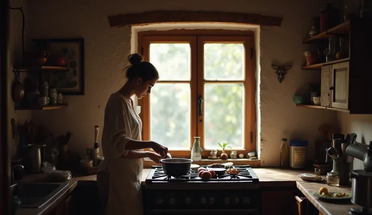 Young woman cooking in an old wooden window