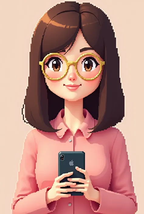 Create a 3D pixel style brunette woman, with straight brown hair, Round face, with golden glasses, dressed in a pink blouse and holding a cell phone