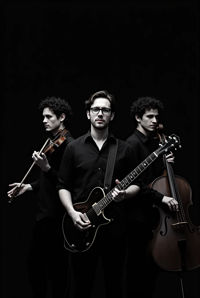 an image of 3 male artists, a singer guitarist in the center of glasses, a curly-haired cellist musician on the right side and another violinist artist with long pseudo curly hair on the left, all with poses focused on the center and covered in pure black
