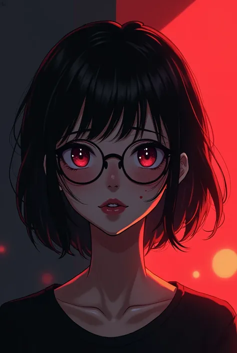 A 1 girl in anime version with short black hair who wears glasses and has a lip piercing and a curl piercing., Very pretty half-cheeked girl with some scratches on her right cheek and on her left.. Background that is black with red fused 