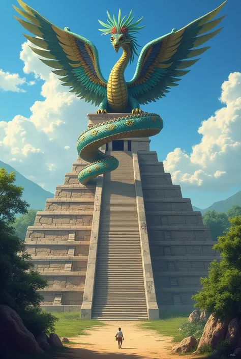 Quetzalcoatl on top of a 365-step Mayan pyramid surrounding the pyramid with his tail and a view from the front of the pyramid and a view from the ground 