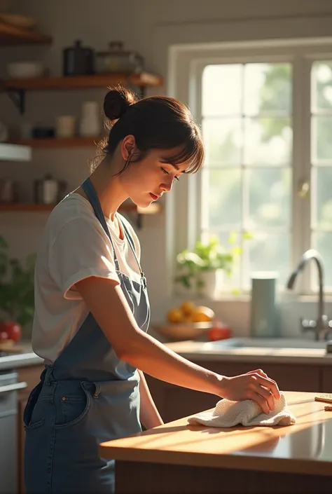 person in front drying something with a kitchen towel