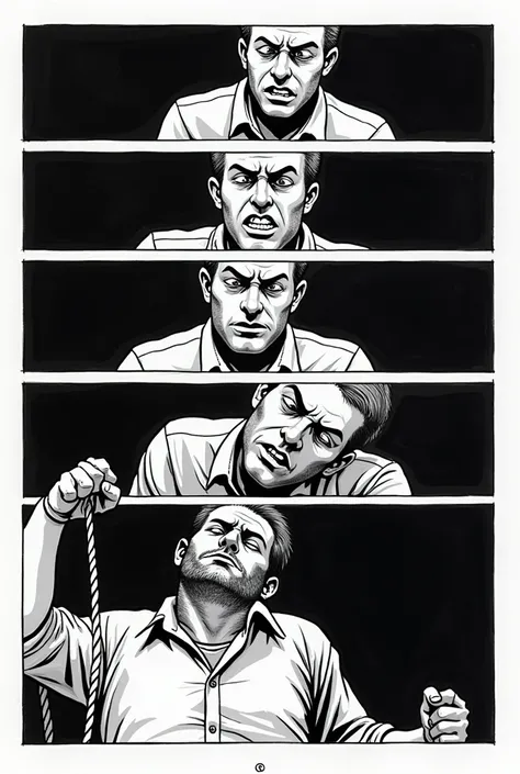 comic , divided into 5 frames, one frame shows a man crying, eyes closed and sad ,stop crying and look up and take the rope and tie it around your neck 