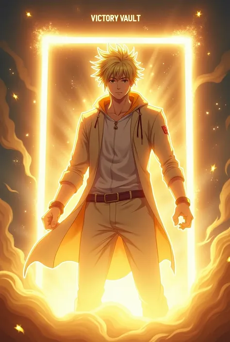 in a square An male anime whose outline is with white glowing light and the background in the back is gold or sparkling and in the bottom gold is rising and  it is written "Victory Vault" that too with white glowing light 