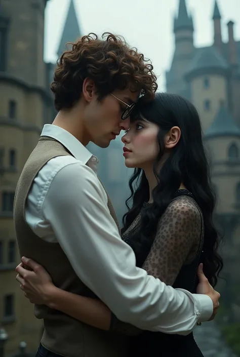 Create a sophisticated , handsome man with brown curly hair who wears glasses and wears a white dress shirt. He is hugging a , who has black hair, gray eyes and is pale, but very beautiful. They are both teenagers and the setting is Hogwarts..