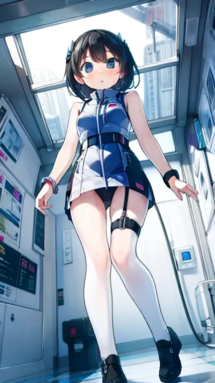 (Highest quality), (masterpiece), 1080P, High resolution, 4K, 8k, Inside the space station、Futuristic room、Thigh straps, Shooting from directly below, The woman on top of me, 白いSweat, Covered , Sweat, Woman looking down, Skirt swimsuit, Thigh-high socks, T...