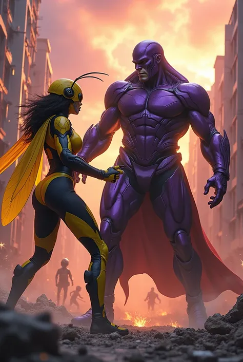 (photorealism: 1.2), villain, muscular man, dressed in a purple futuristic suit, wearing a purple helmet, fighting a heroine with a yellow futuristic suit, with a futuristic helmet, with the wasp-style suit, exterior , destroyed city, villains and heroes f...