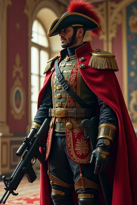 Imagine a French king&#39;s musketeer equipped militarily with a uniform and modern weaponry.
