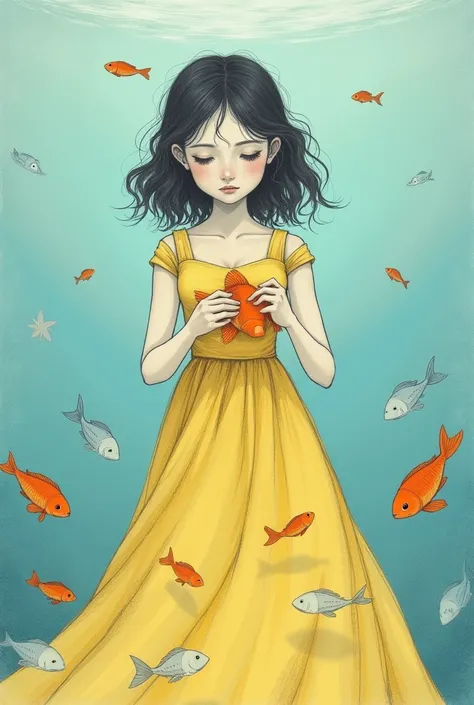 A girl in a yellow dress with scales. Fish floating around. She is removing the scales from a small orange fish to finish her dress... cyan blue water background. All in graphite pencil drawing style.