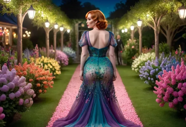 a detailed photo of christina rene hendricks in a sheer colorful gown without underwear, strolling through a candy land garden i...