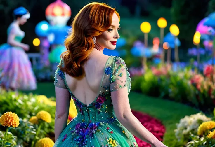 a detailed photo of christina rene hendricks in a sheer colorful gown without underwear, strolling through a candy land garden i...